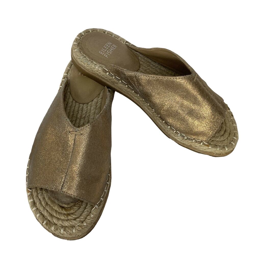 EILEEN FISHER Milly Gold Metallic Suede Espadrille Sandal Size 5.5 #EF46536B - Picture 1 of 9
